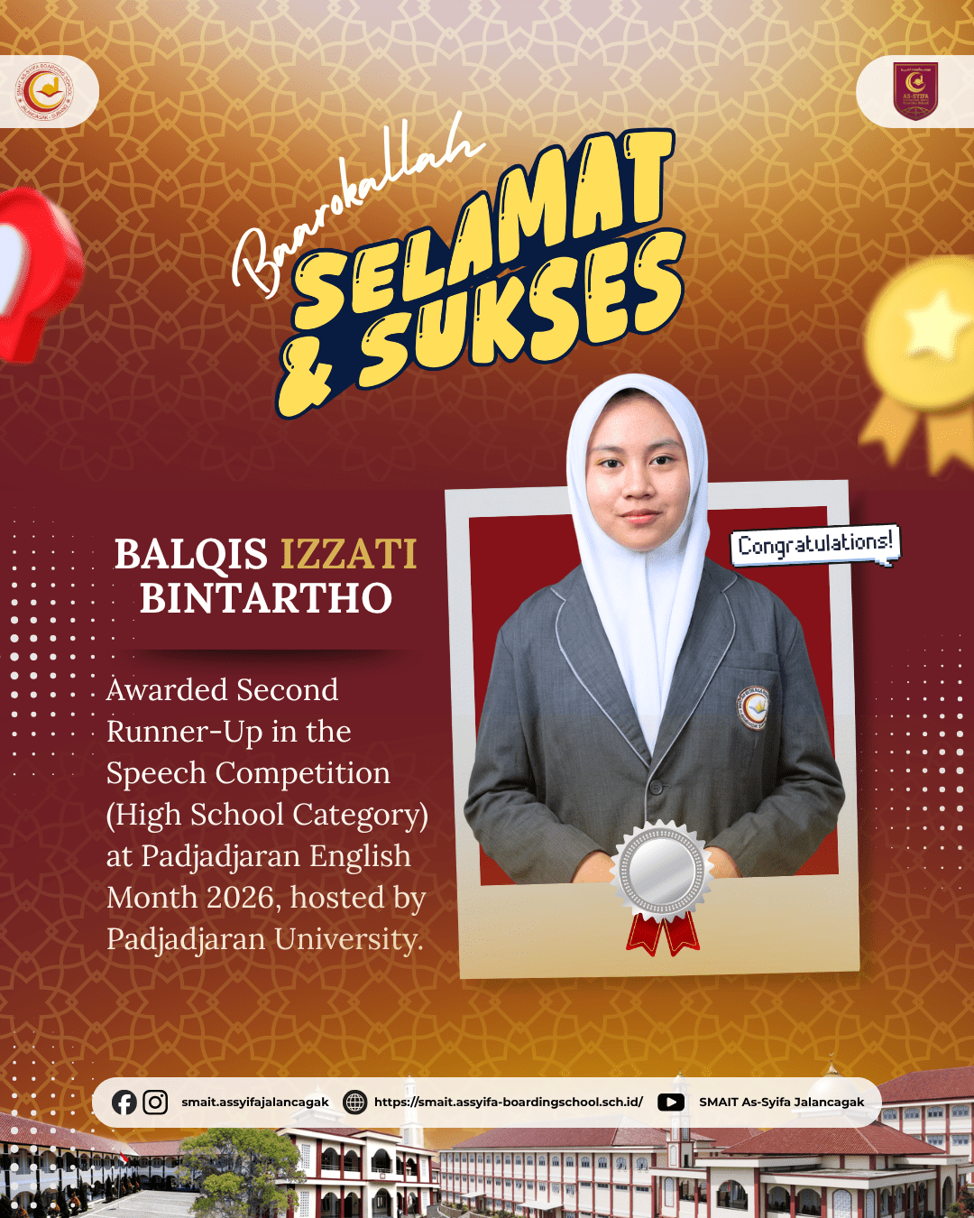 Balqis Izzati Bintartho meraih Second Runner-Up Speech Competition